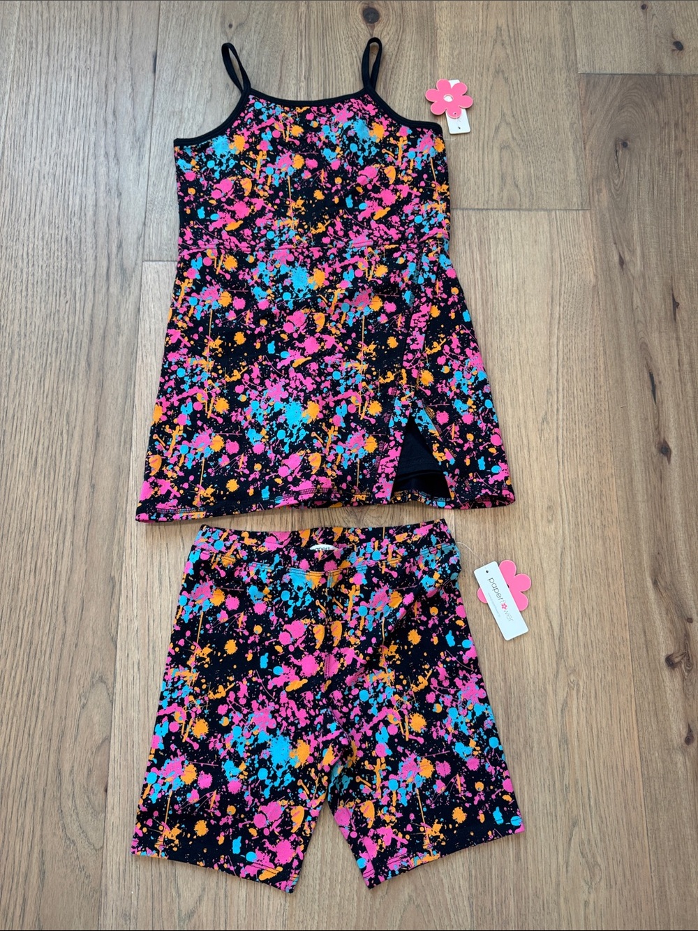 NWT Paper Flower Paint Splatter Mini Dress Set Girls Medium Matching Bike Shorts